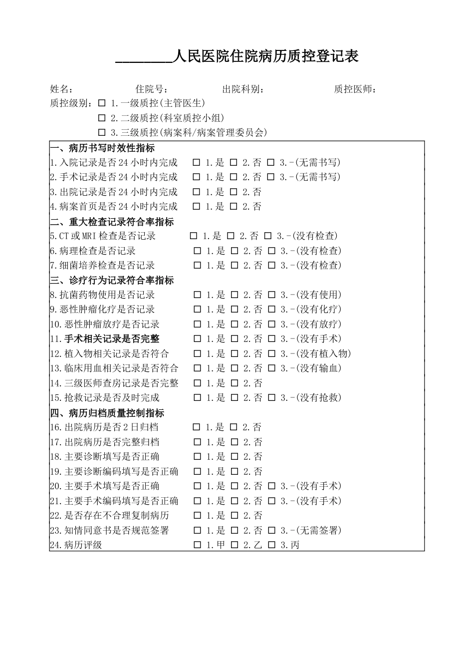 住院病历质控登记表_第1页