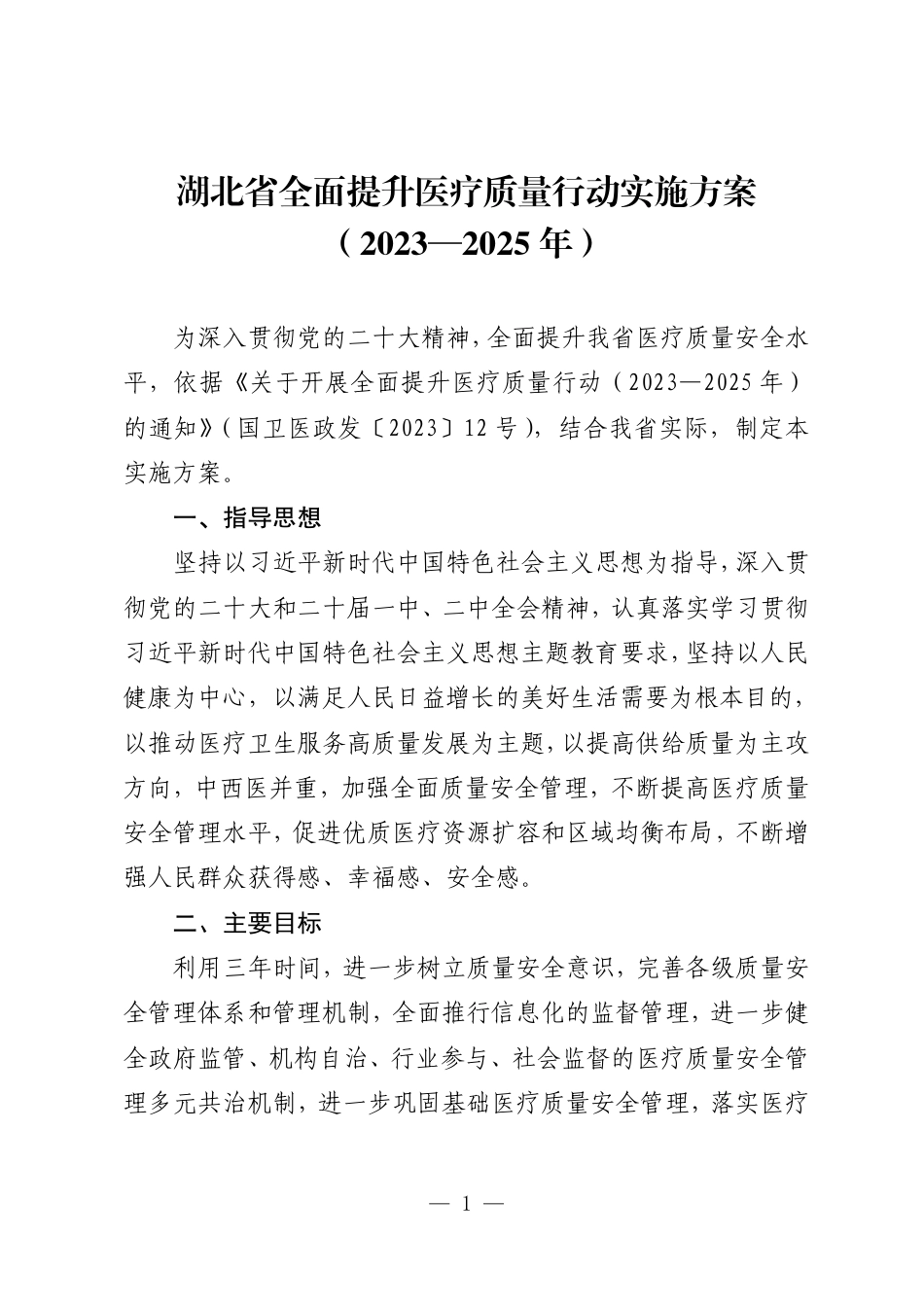 湖北省全面提升医疗质量行动实施方案2023-2025_第1页