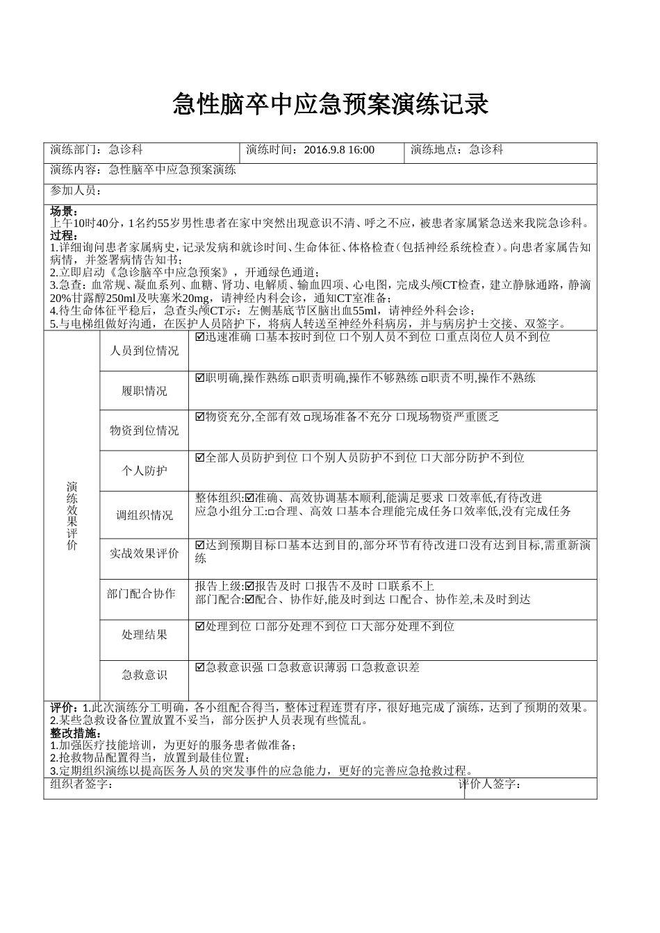 急性脑卒中应急预案演练记录表_第1页