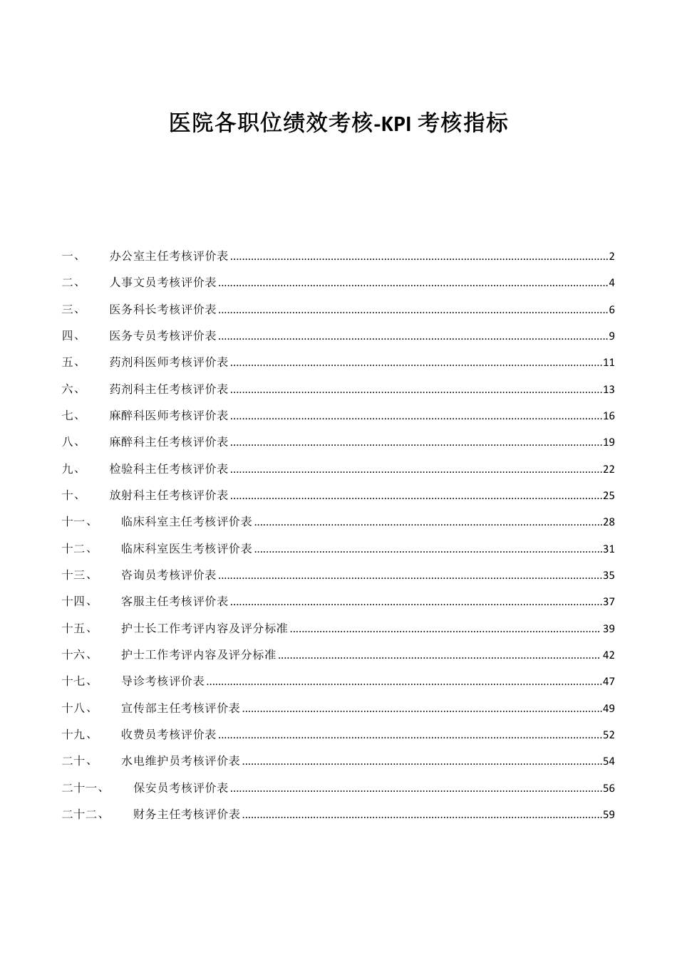 医院各职位绩效考核-KPI考核指标_第1页