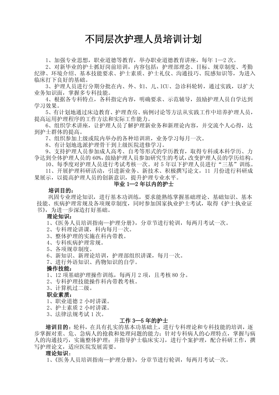 不同层次护理人员培训计划_第1页