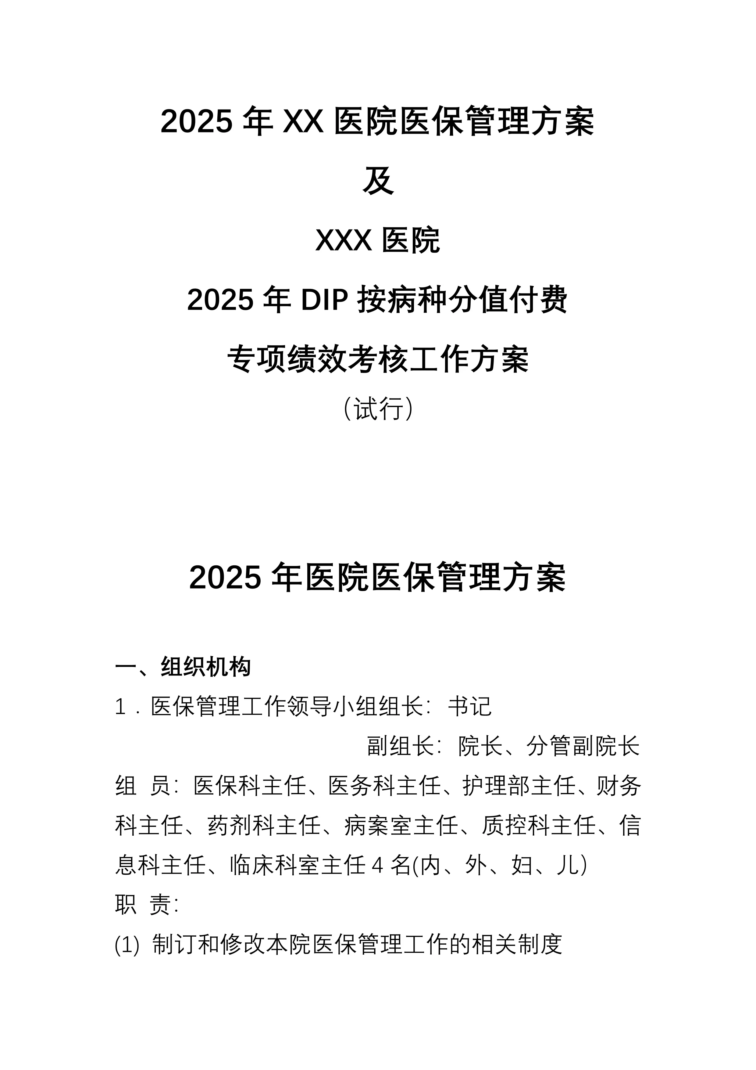 2025年XX医院医保管理及DIP支付专项绩效考核方案_第1页