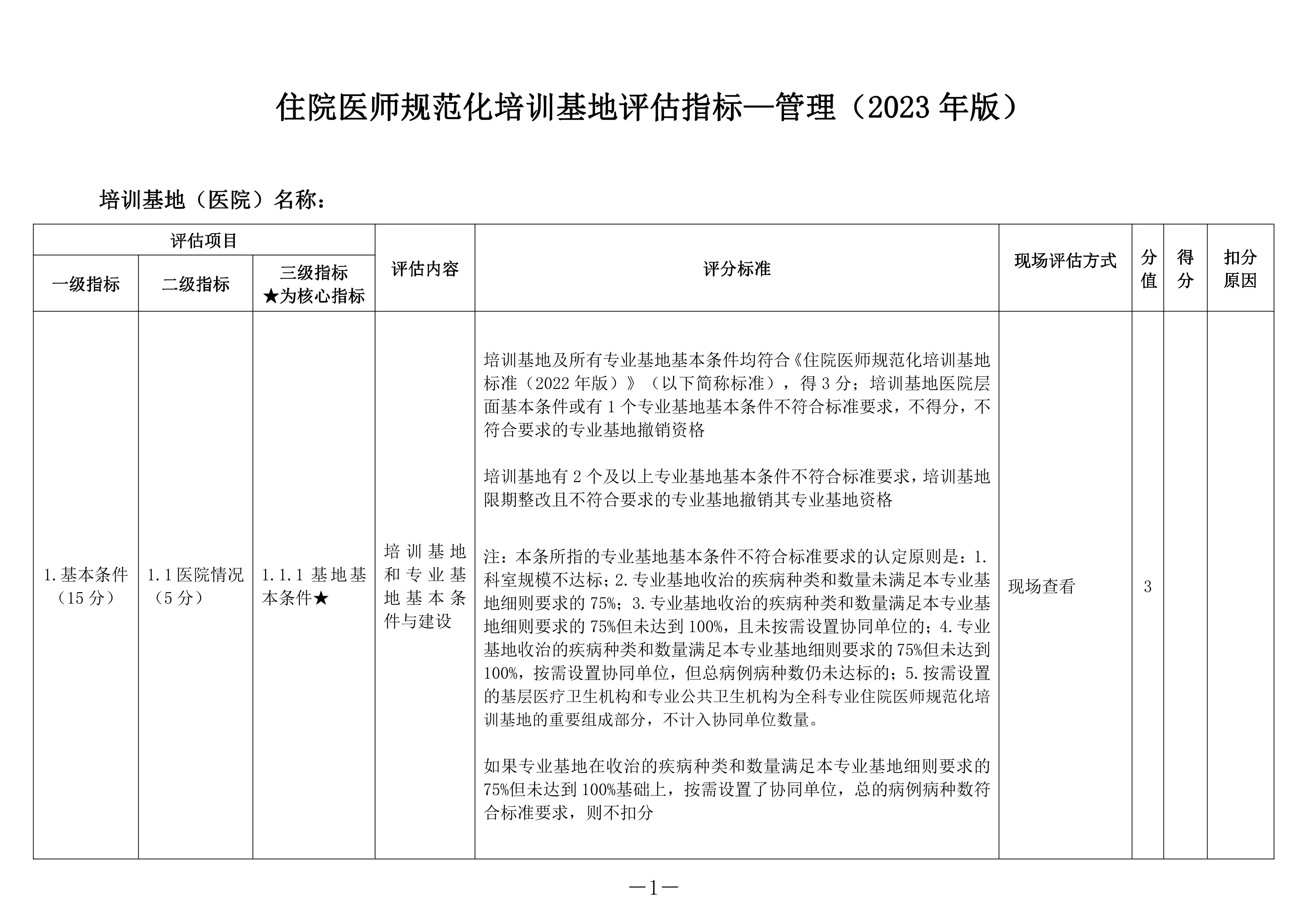 住院医师规范化培训基地评估指标—管理（2023 年版）.pdf_第1页