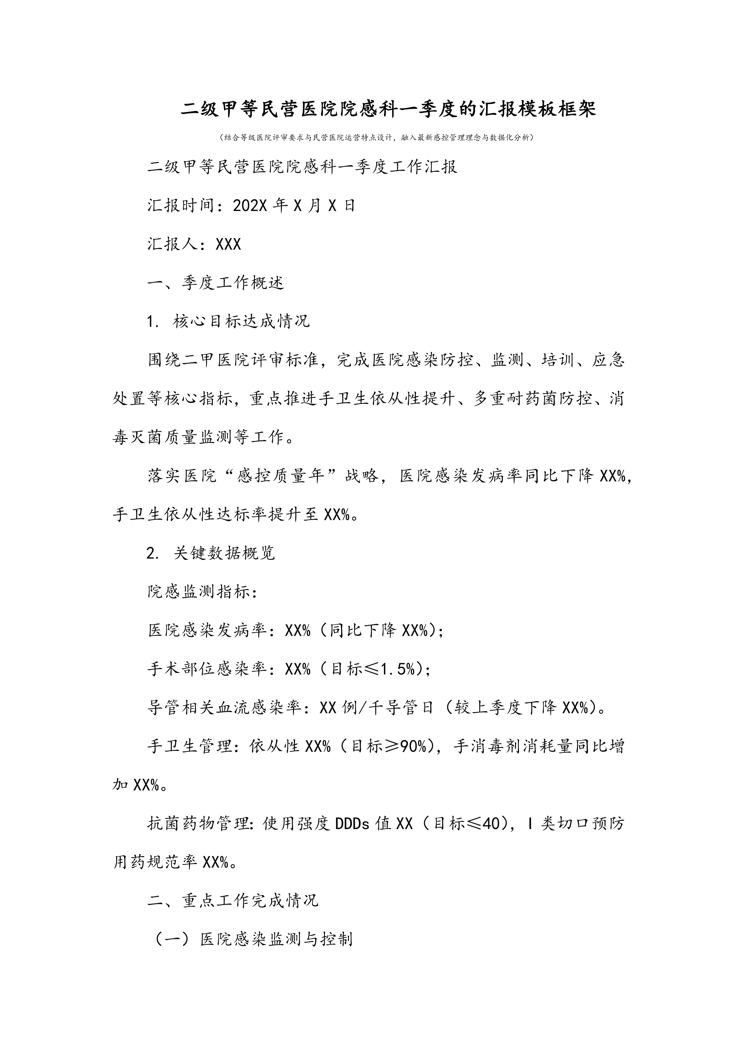 二级甲等民营医院院感科一季度的汇报模板框架_第1页