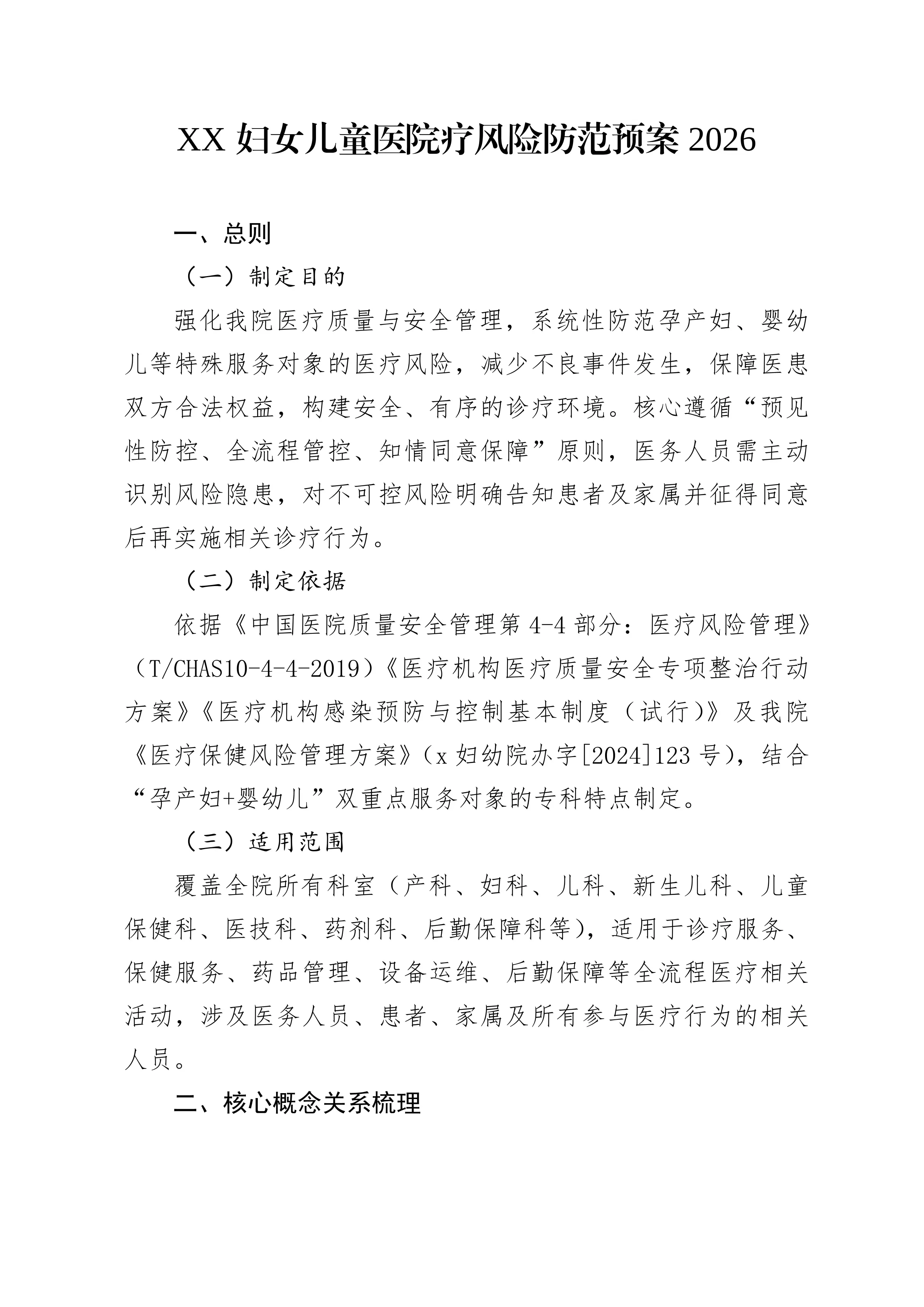 XX妇女儿童医院疗风险防范预案2026_第1页