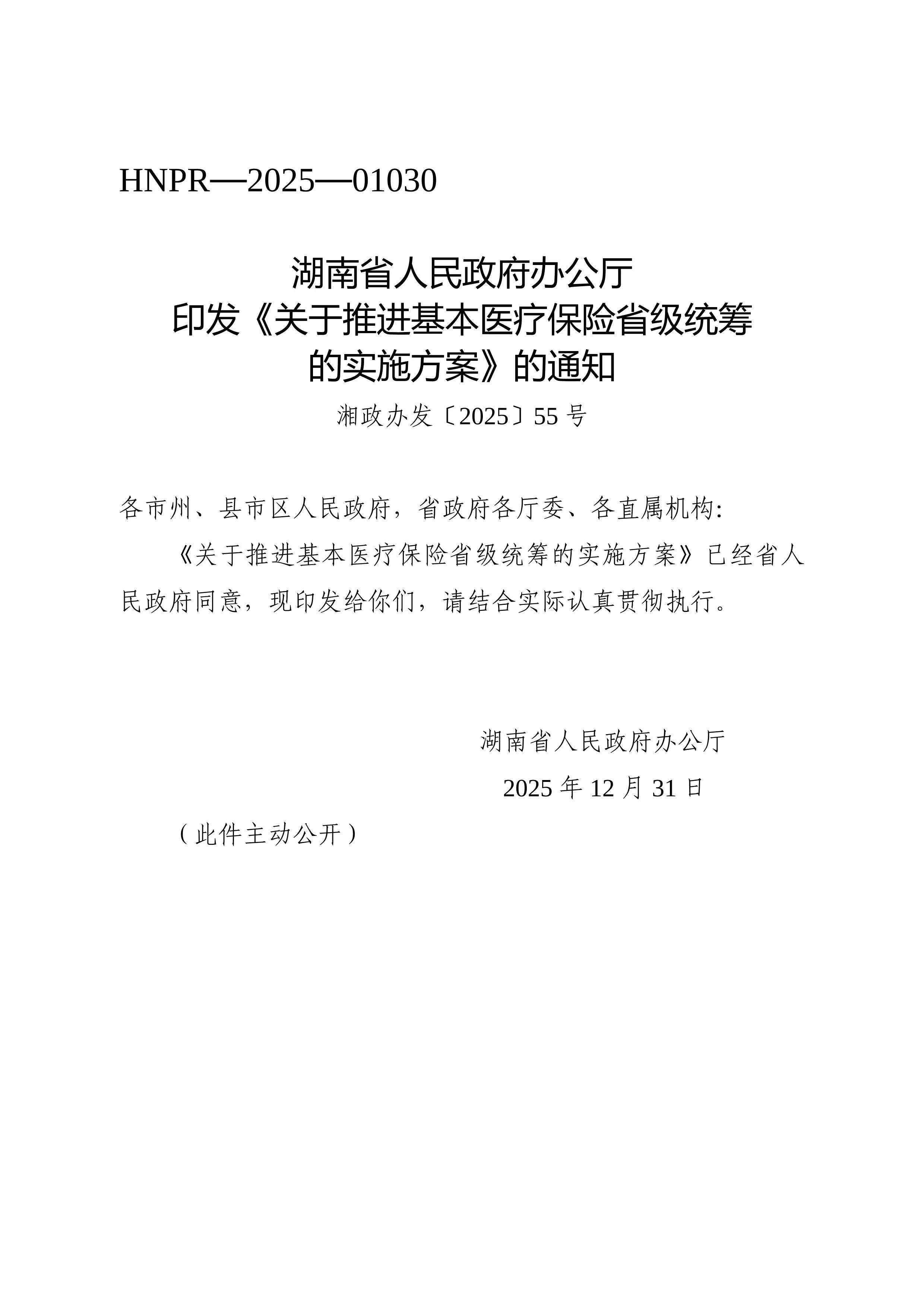 26、湖南省人民政府办公厅关于推进基本医疗保险省级统筹的实施方案_第1页
